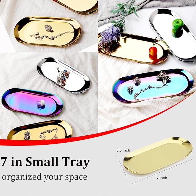 Stainless Steel Decorative Tray, 7 Inch Long, Jewelry Dish Cosmetics Organizer - Image 2
