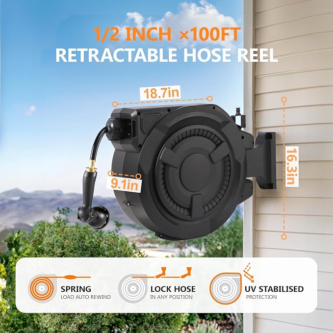 wikiwiki Retractable Garden Hose Reel 1/2 in x 100 ft, Heavy Duty Wall Mounted - Image 3