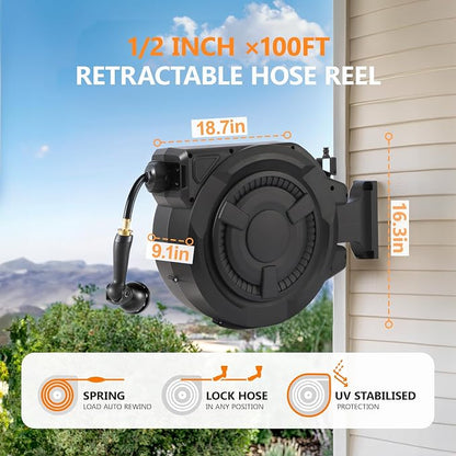 wikiwiki Retractable Garden Hose Reel 1/2 in x 100 ft, Heavy Duty Wall Mounted - Image 3