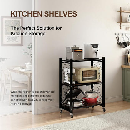 3 Tier Folding Shelf with Wheels, Wood and Metal Bookshelf | No Assembly - Image 3