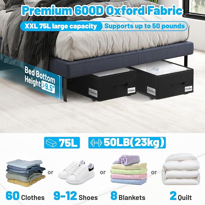 Under Bed Storage with Wheels, Quick Assembly Underbed Shoe Storage Containers - Image 2