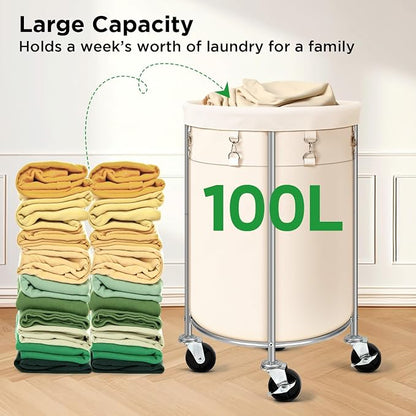 Laundry Hamper with Wheels, 100L Round Rolling Laundry Basket Sorter with - Image 8