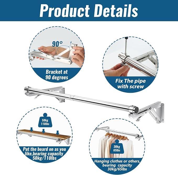 Foldable Wall Mounted Clothes Rack-30'' Long Rod&2 Thick Bases, Stainless Steel - Image 4