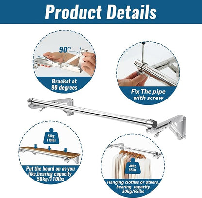 Foldable Wall Mounted Clothes Rack-30'' Long Rod&2 Thick Bases, Stainless Steel - Image 4