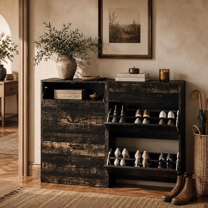 VINGLI Set of 2 Dark Rustic Oak Shoe Cabinet by VINGLI