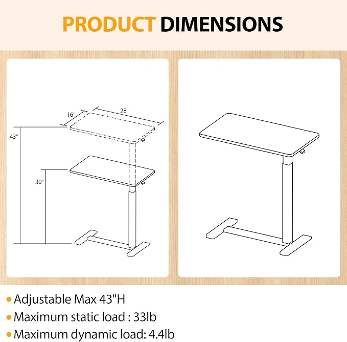 Overbed Table with Hidden Wheels, Height Adjustable Medical Bed Table Hospital - Image 2