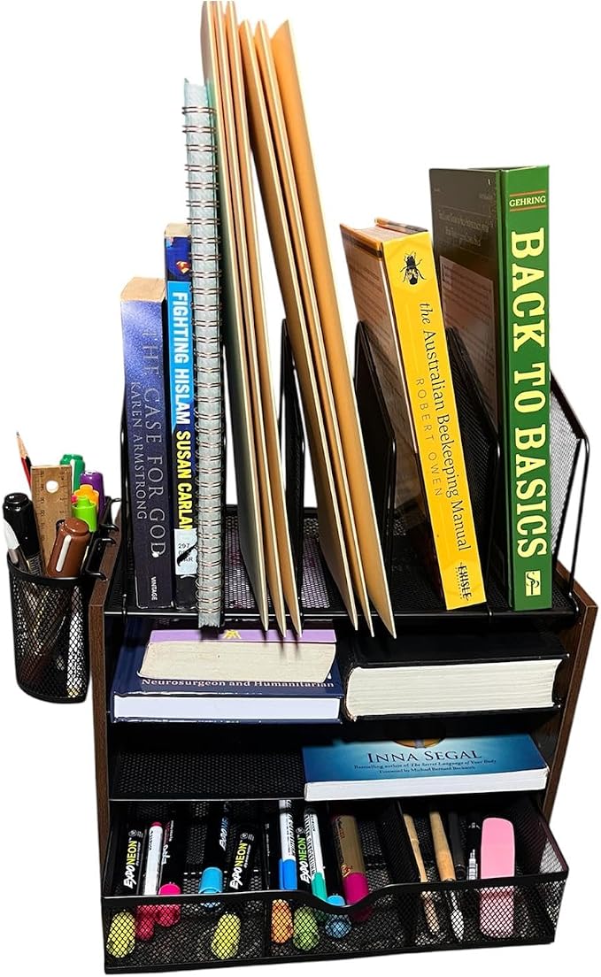 4-Tier Wood & Metal Desk Organizer – Vertical File Tray, Pen Holder & Drawer | - Image 8