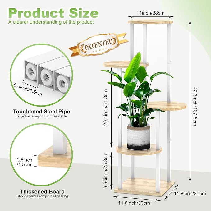 5 Tier Wood Tall Plant Stand Metal Rack Indoor, Round Planter Shelf Display - Image 2