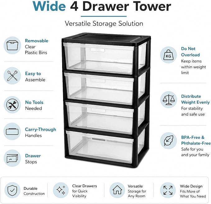 Wide 4 Drawer Plastic Storage Tower Organizer Clear Bins Bedroom | Removable - Image 6