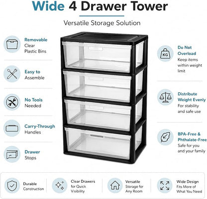 Wide 4 Drawer Plastic Storage Tower Organizer Clear Bins Bedroom | Removable - Image 6