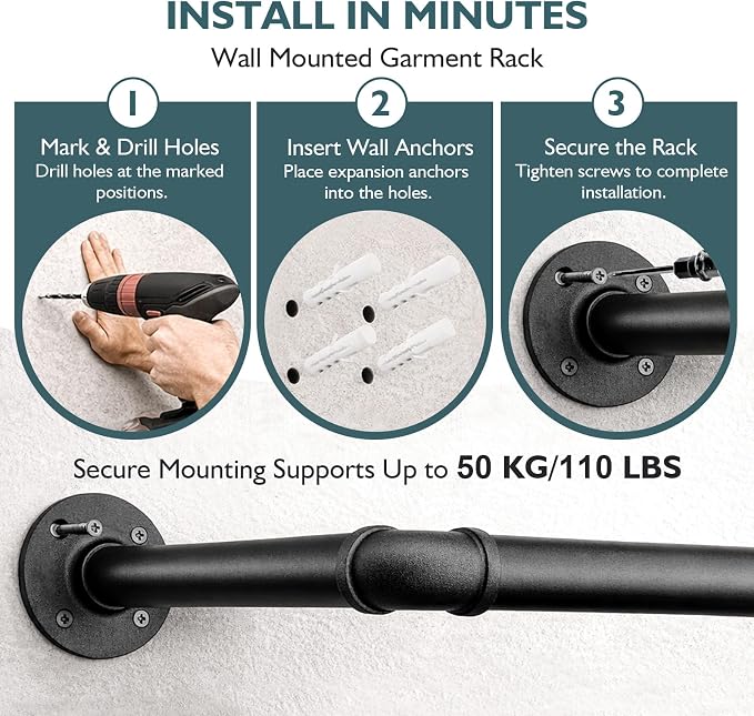 Svyrilk 2 Pack 38.4" Industrial Pipe Clothes Rack | Wall Mounted Heavy Duty - Image 7