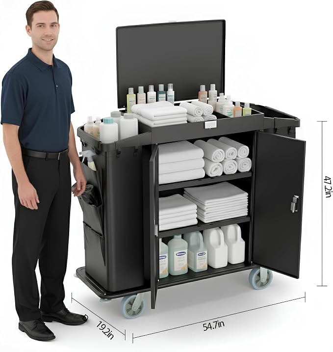 Heavy Duty Metal Housekeeping Janitorial Cart, Silent Casters, Locking Large - Image 3