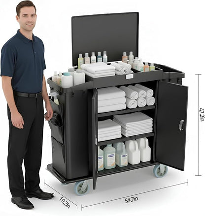 Heavy Duty Metal Housekeeping Janitorial Cart, Silent Casters, Locking Large - Image 3