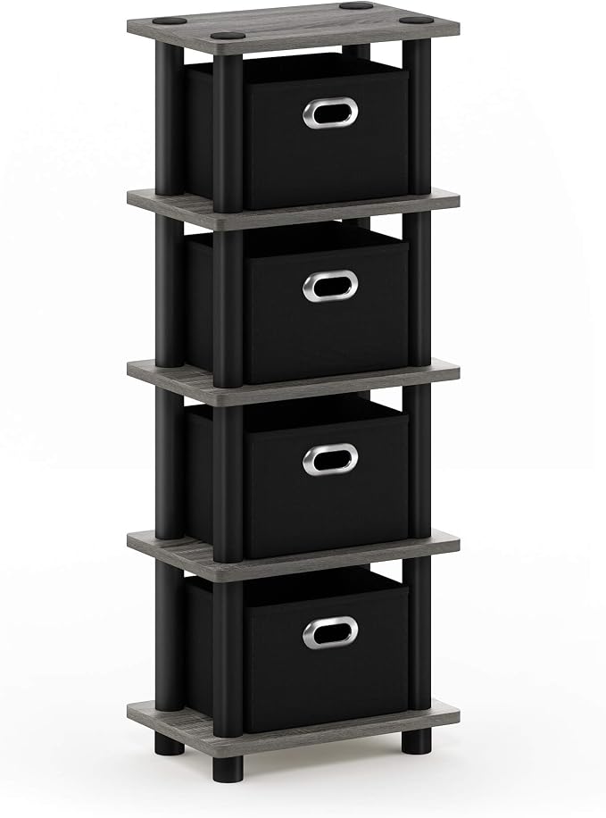 FURINNO Turn-N-Tube LACi 4-Bins System Rack, French Oak Grey/Black by Furinno-FitsYourSpaceFitsYourBudget