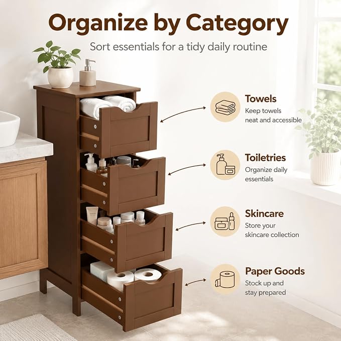 VINGLI 4-Drawer Bathroom Storage Cabinet, Slim Freestanding Floor Cabinet - Image 6