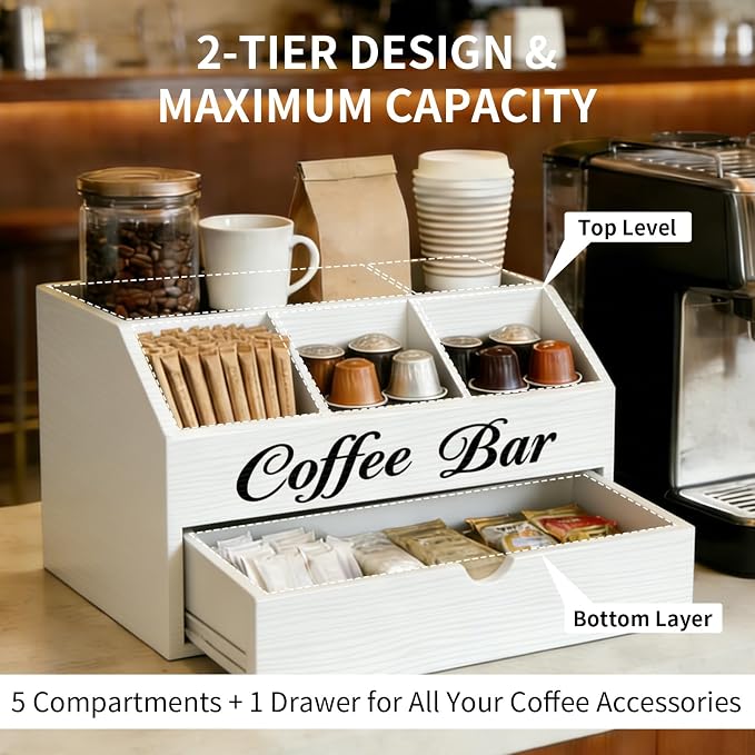 Coffee Bar Organizer for Countertop, 2-Tier Wooden Coffee Station Accessories - Image 3