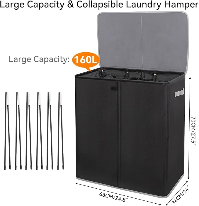 WOWLIVE Laundry Hamper with Lid, 160L Large Laundry Basket 3 Section with - Image 6