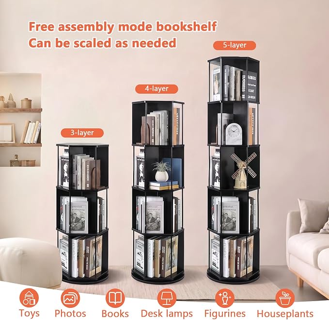 VIWODS Rotating Bookshelf, 5 Tier Spinning Bookshelf Tower, Revolving 360° - Image 6
