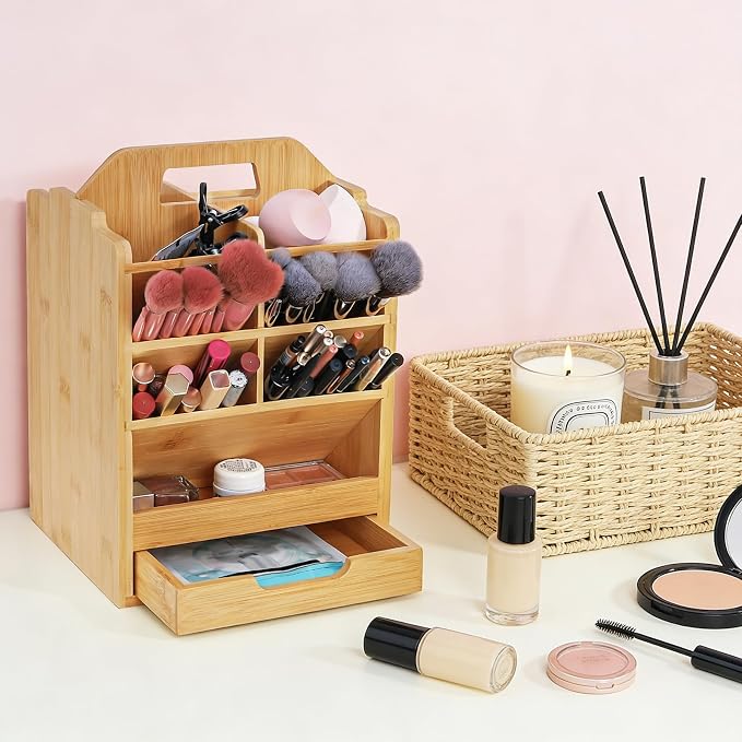 SOUJOY Bamboo Pen Holder Organizer, 360°Rotating Art Supply Storage Caddy - Image 8