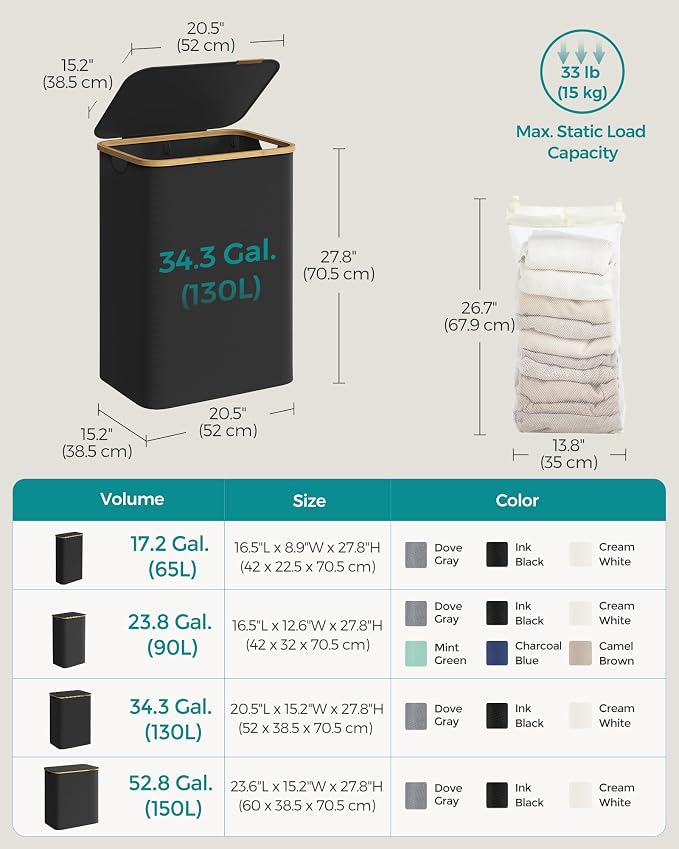 SONGMICS Laundry Hamper with Lid, 2-Section Large Laundry Basket, 34.3-gallon - Image 6
