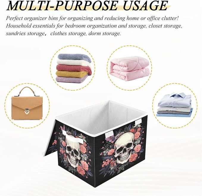 Skull Storage Bins with Lids and Carrying Handle, Foldable Storage Boxes - Image 7