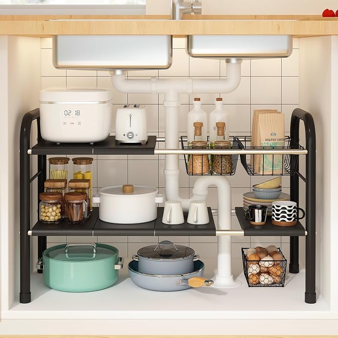 Expandable Under Sink Organizer, 2 Tier Under Sink Shelf by KOSIWU
