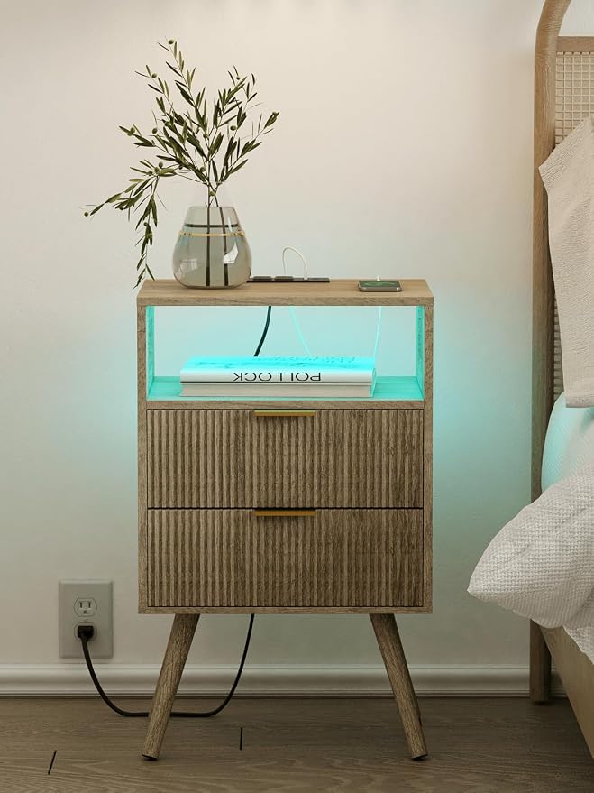 Nightstand with Charging Station and LED Lights, Modern Bedside Table with 2 - Image 8