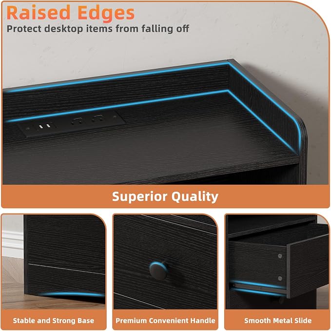 2 Pack Nightstand with Charging Station and LED Light, Modern Nightstand with - Image 7