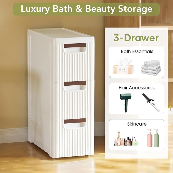 3 Drawers Narrow Bathroom Storage Cabinet, Slim Storage Cabinet, Plastic Slim - Image 3