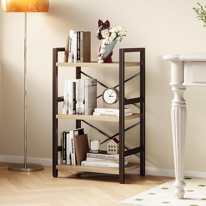 Homeiju Bookshelf, 3 Tier Industrial Bookcase, Metal Small Bookcase, Rustic - Image 4
