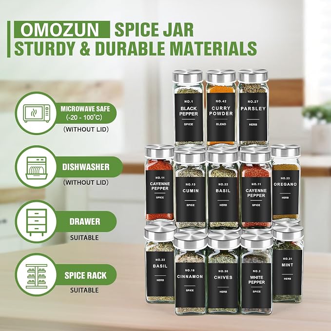 Spice Jars with Label, Square Spice Containers with 304 Labels and Shaker - Image 4