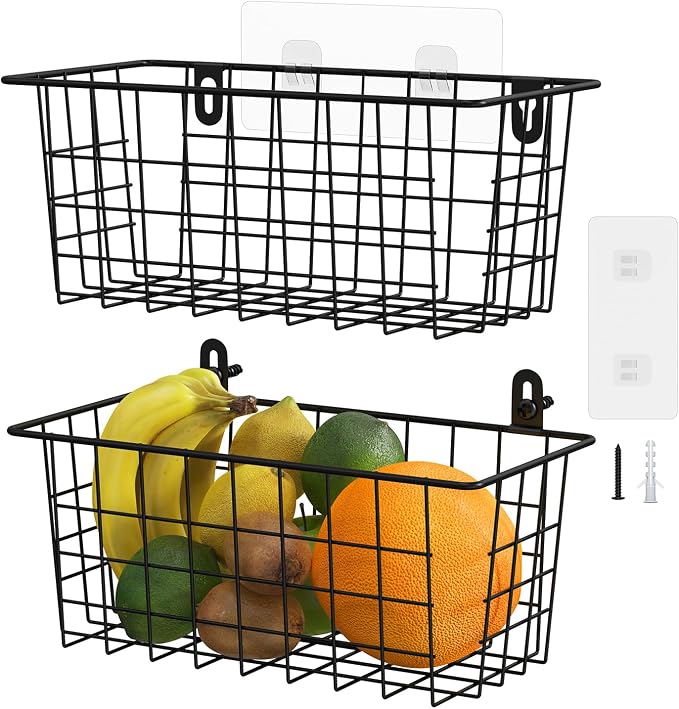 MaraFansie Hanging Kitchen Baskets Wire Storage Basket Adhesive and Screws by MakeStorageMoreFun