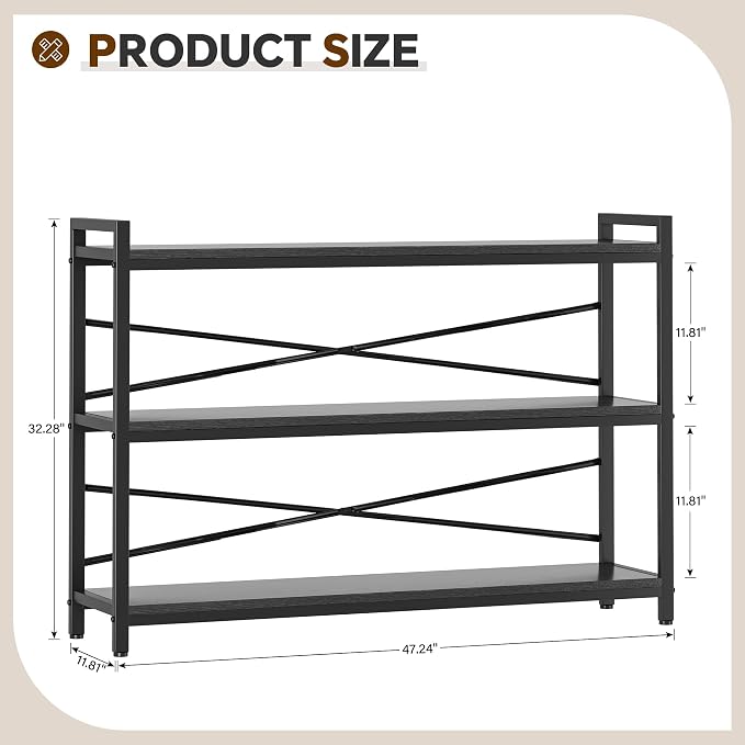 3 Tier Bookcase 47.24" Width, Long Industrial Book Shelf, Vintage Wooden Large - Image 3