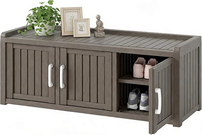 2-Tier Storage Bench, Waterproof UV-Resistant Outdoor Shoe Storage Cabinet by NBYSGO