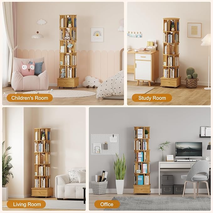 Rotating Bookshelf with Drawers on Lockable Wheels Wood Oak | 6 Tier Spinning - Image 8