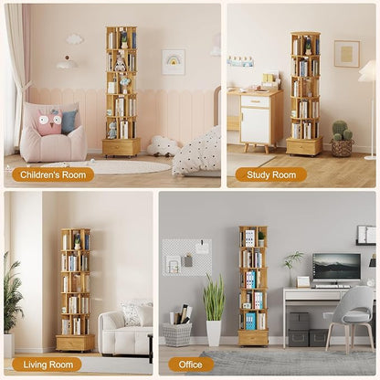 Rotating Bookshelf with Drawers on Lockable Wheels Wood Oak | 6 Tier Spinning - Image 8