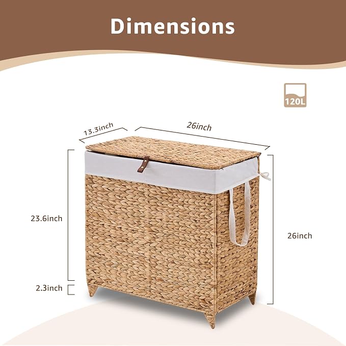 Laundry Hamper with Lid and Removable Liner Bag, Handwoven Natural Hyacinth - Image 2