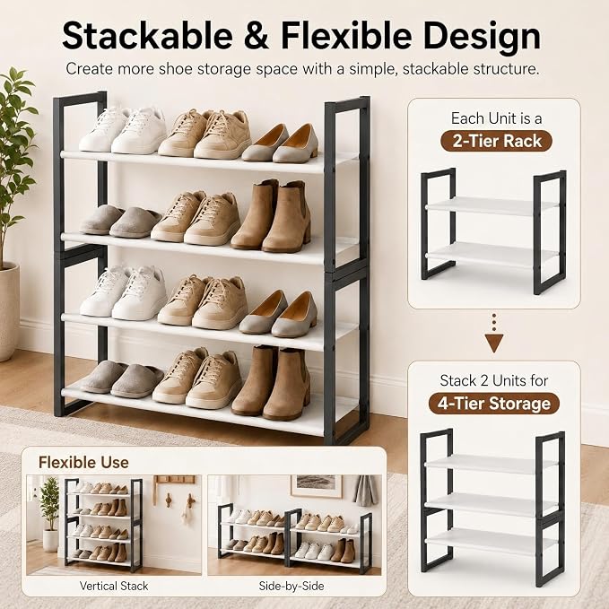 2-Tier Shoe Rack for Closet & Entryway, Stackable Shoe Organizer, - Image 5