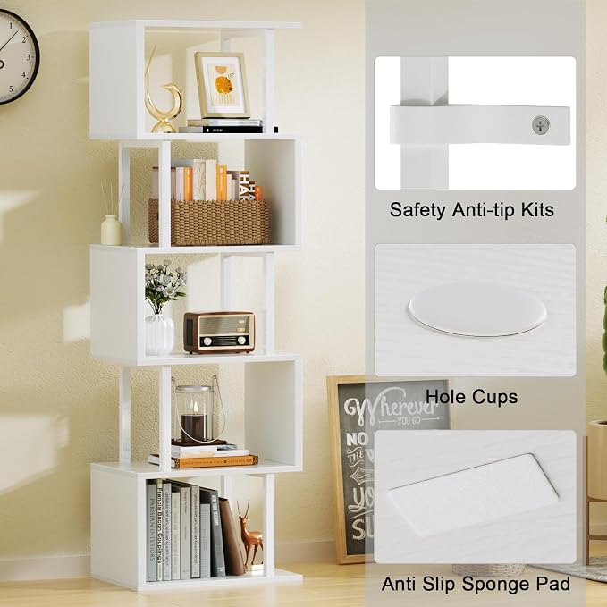 Furologee White Geometric Bookshelf 6 Tier S-Shaped Bookcase, Tall Modern - Image 7