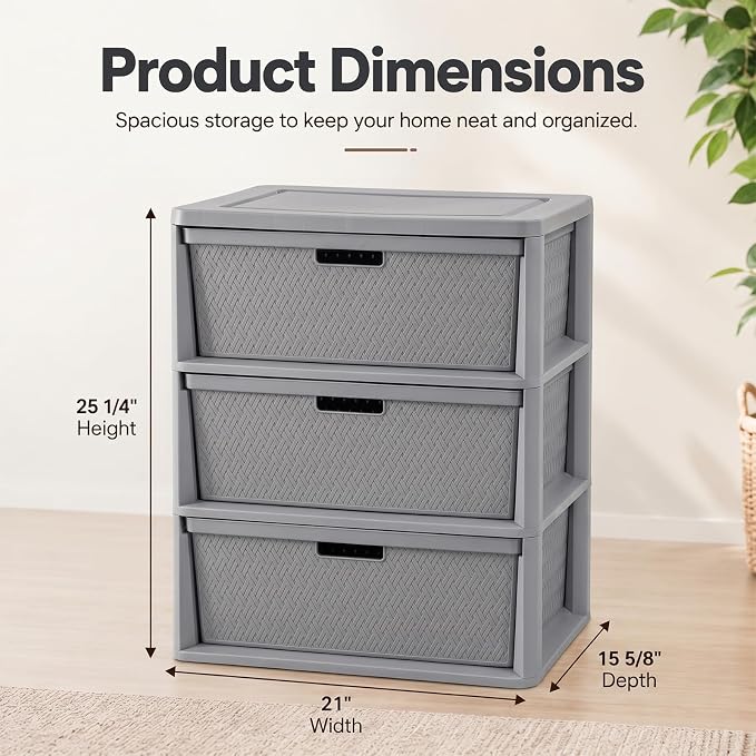 Wide 3 Drawer Plastic Storage Tower Organizer, Tool-Free Assembly Drawer Unit - Image 2