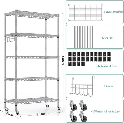 Himimi 5-Tier Storage Shelf Wire Shelving Unit on Wheels, Adjustable Heavy Duty - Image 4