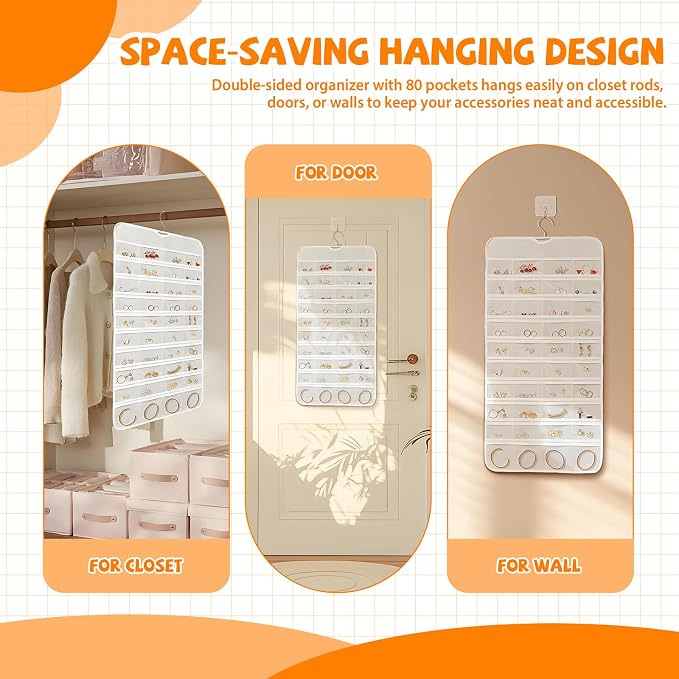 80 Pockets Hanging Jewelry Organizer, Double-Sided White Closet Jewelry Holder - Image 4
