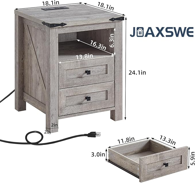 Nightstands Set of 2 with Charging Station, Farmhouse Night Stand with 2 - Image 3