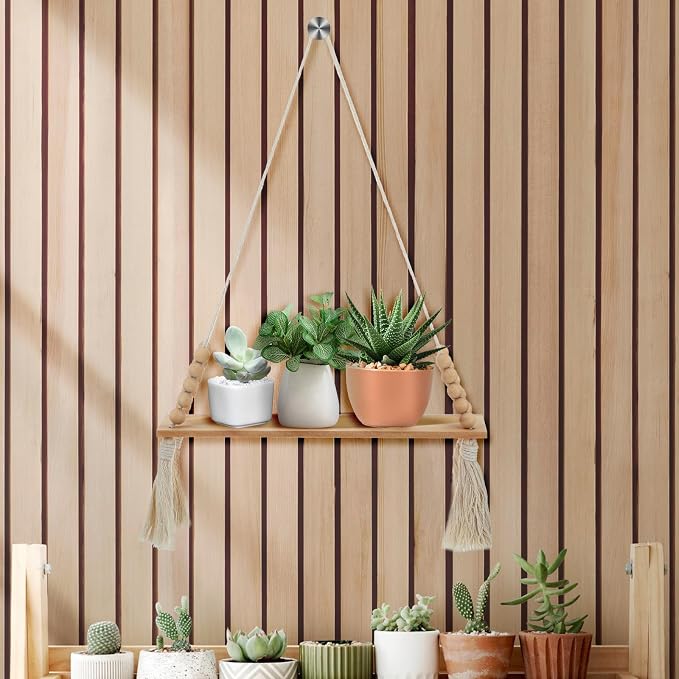 2 Pcs Wooden Wall Hanging Shelves, Macrame Hanging Plant Shelf - Image 2