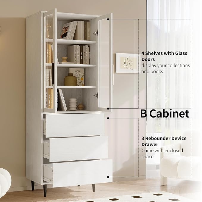 TUSY 70.9“ H Book Shelf with Drawers, 7-Tier Bookcase with Glass Doors - Image 3