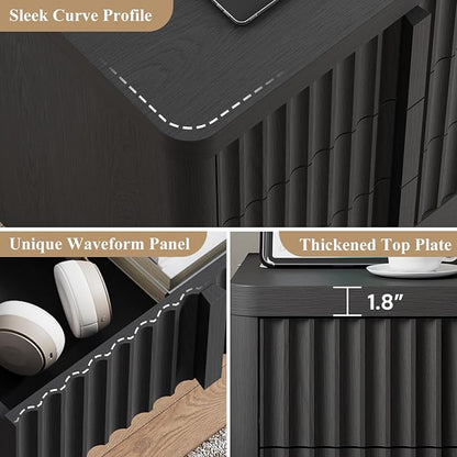 Fluted Nightstand with Charging Station, 23.6" Night Stand with Solid Wood - Image 6