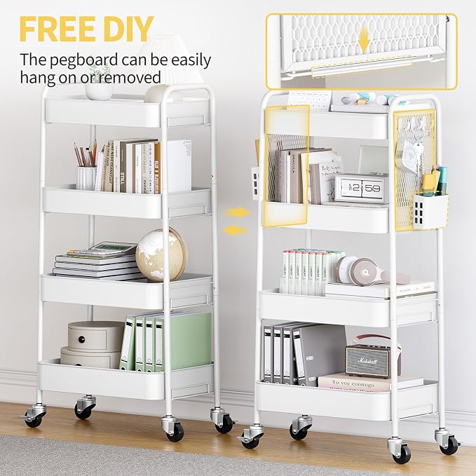 TOOLF 4 Tier Rolling Cart with Pegboard, Metal Storage Organizer Cart with - Image 6