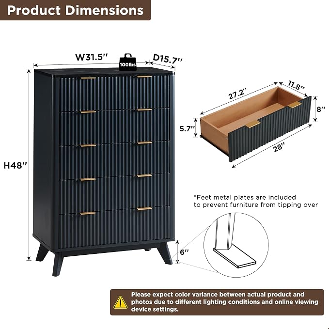T4TREAM Fluted 5 Drawers Dresser, Curved Profile Design, Wood Drawer Organizer - Image 2