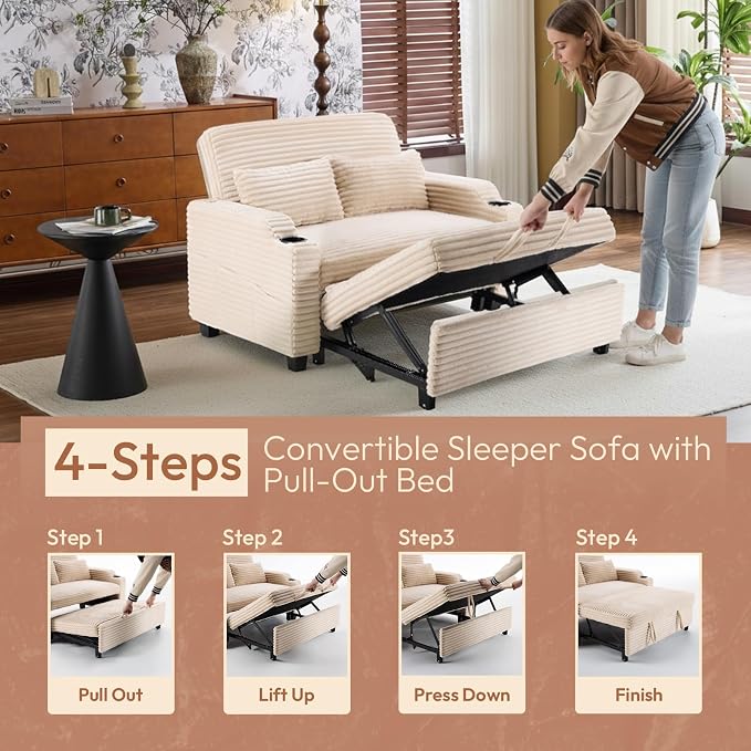 VINGLI Beige Futon Sofa Bed Convertible Loveseat Sleeper Sofa Couch, Corduroy - Image 6