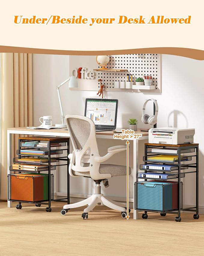 Feyejade Compact 5-Tier Rolling File Cart, Under Desk Metal Filing Cabinet | - Image 6